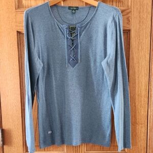 Lauren Jeans Co. Ralph Lauren LRL Lace-Up Long Sleeve Tee XL Blue